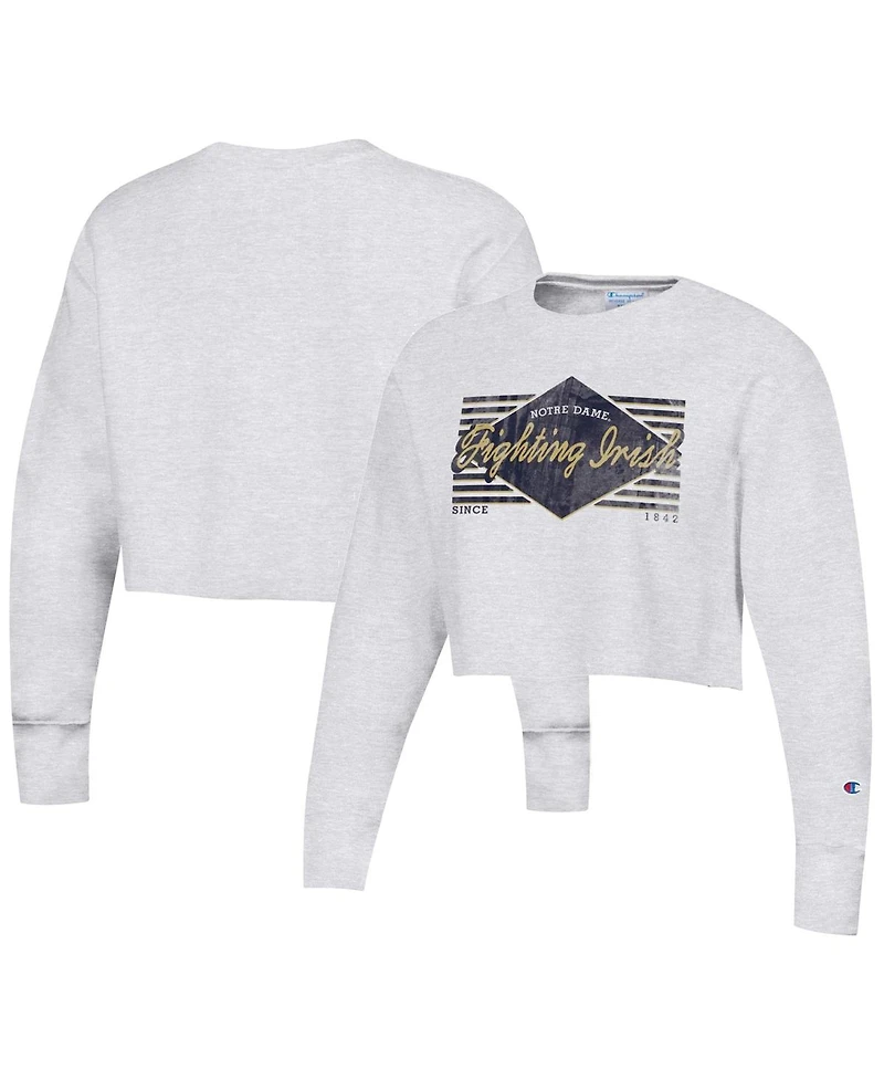 Women's Champion Heather Gray Distressed Notre Dame Fighting Irish Reverse Weave Cropped Pullover Sweatshirt