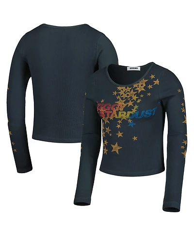Women's Charcoal Distressed David Bowie Ziggy Stardust Thermal Cropped Pullover Sweatshirt