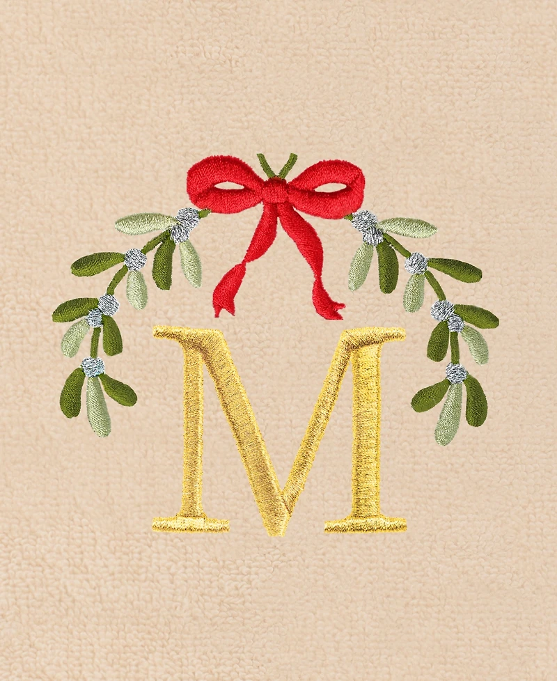 Linum Home Christmas Mistletoe Monogram Beige Embroidered Luxury Turkish Cotton Hand Towels, 2 Piece Set