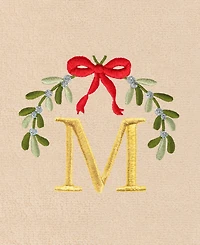 Linum Home Christmas Mistletoe Monogram Beige Embroidered Luxury Turkish Cotton Hand Towels, 2 Piece Set