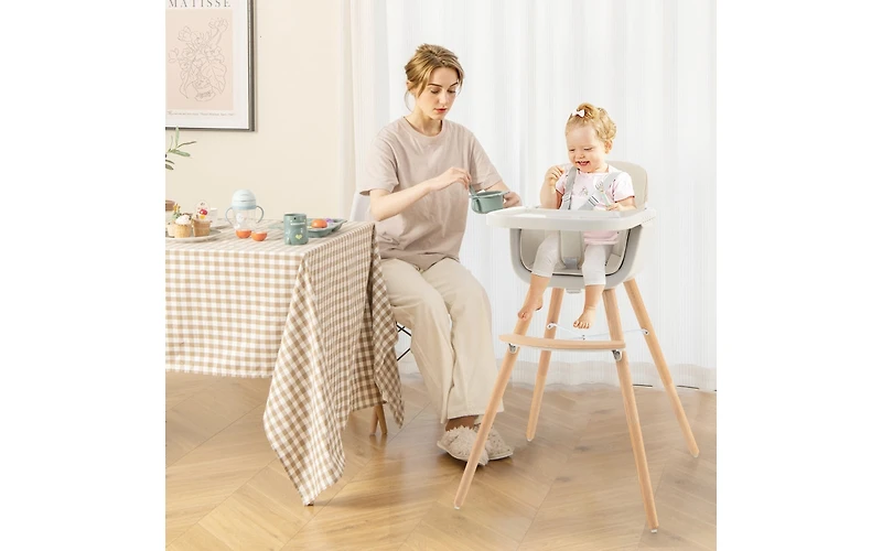 Slickblue Kids 3-in-1 Convertible Wooden High Chair with Cushion-Light Gray