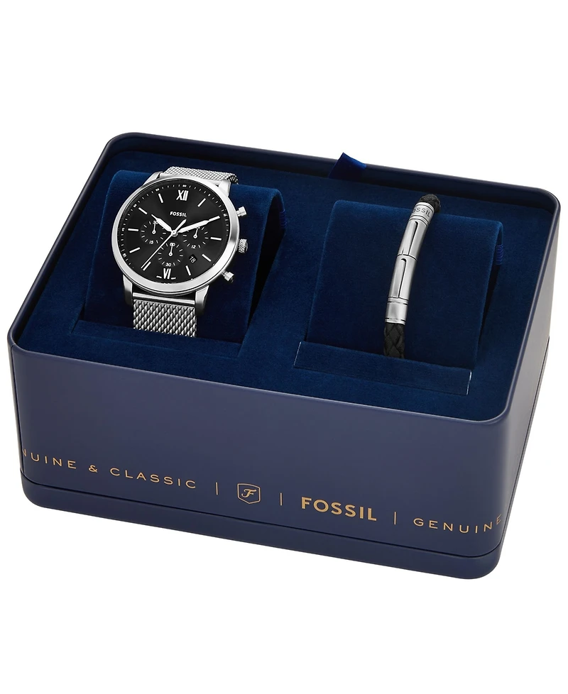 Fossil Men's Neutra Chronograph Silver-Tone Stainless Steel Mesh Watch 44mm and Bracelet Box Gift Set