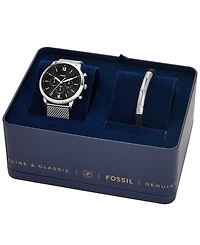 Fossil Men's Neutra Chronograph Silver-Tone Stainless Steel Mesh Watch 44mm and Bracelet Box Gift Set