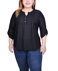 Ny Collection Plus 3/4 Sleeve Roll Tab Y Neck Top