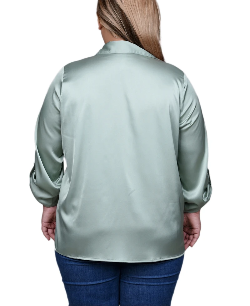 Ny Collection Plus 3/4 Sleeve Roll Tab Satin Blouse