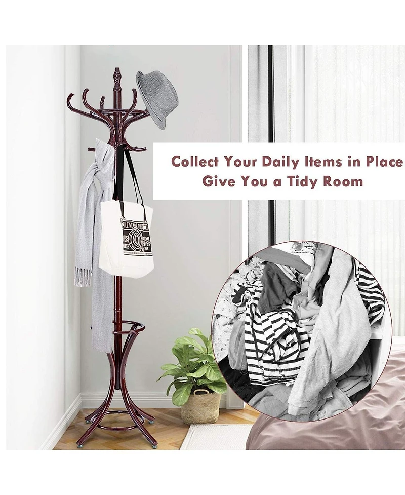Wood Standing Hat Coat Rack with Umbrella Stand