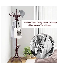 Wood Standing Hat Coat Rack with Umbrella Stand