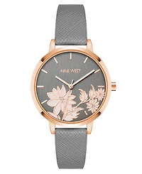 Nine West Woman's Quartz Gray Faux Leather Band and Floral Pattern Watch, 36mm