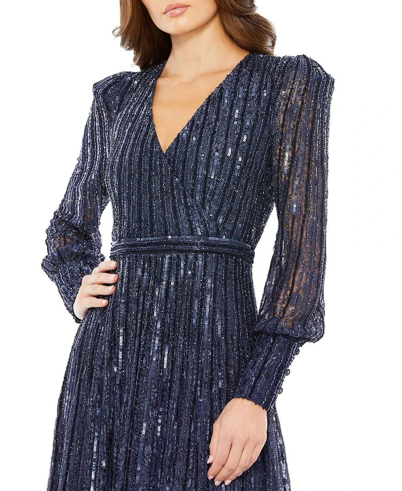 Mac Duggal Women's Beaded Lace Long Sleeve Wrap Over Gown