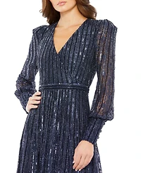 Mac Duggal Women's Beaded Lace Long Sleeve Wrap Over Gown
