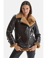 Furniq Uk Women's Shearling Belted Biker Jacket, Rugan Brown with Brown Wool