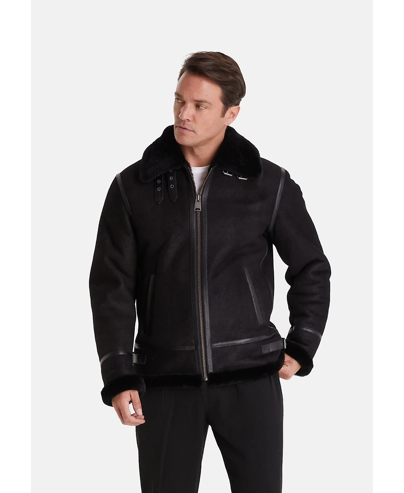 Furniq Uk Men's Shearling Aviator Jacket, Washed Black with Black Wool