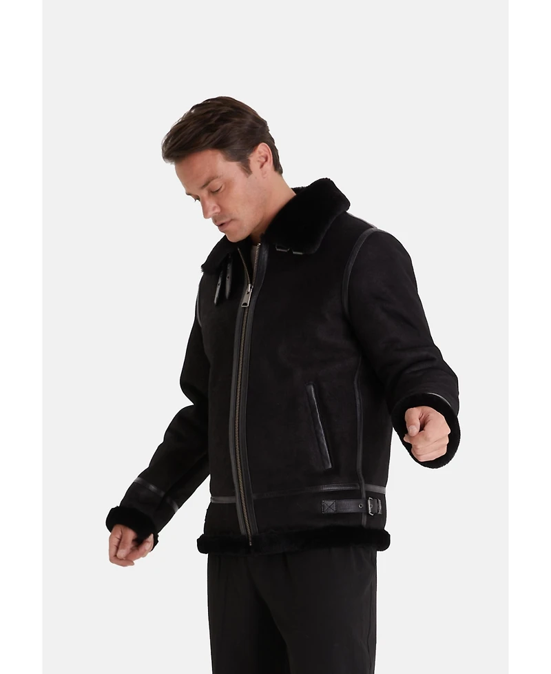 Furniq Uk Men's Shearling Aviator Jacket, Washed Black with Black Wool