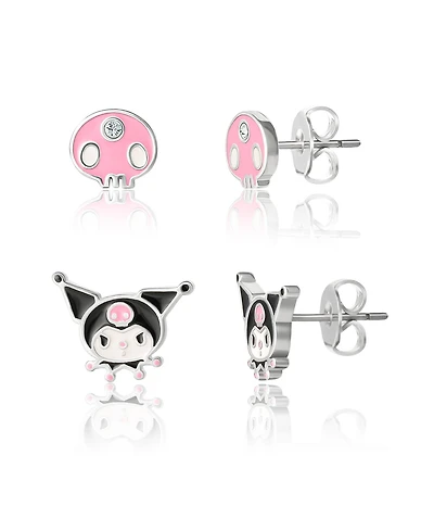 Hello Kitty Sanrio Pink Skull and Kuromi Silver Plated Earring Set - 2 Pairs, Officially Licensed