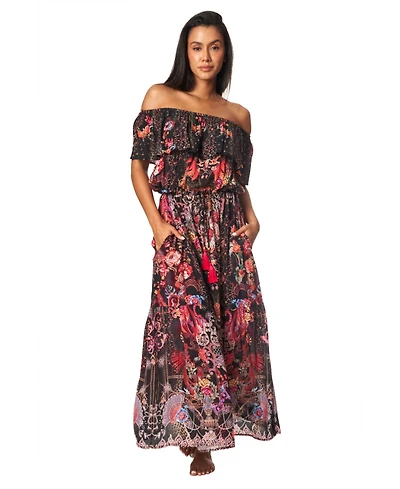 La Moda Clothing Women's Off Shoulder Cinched Waist Maxi Dress