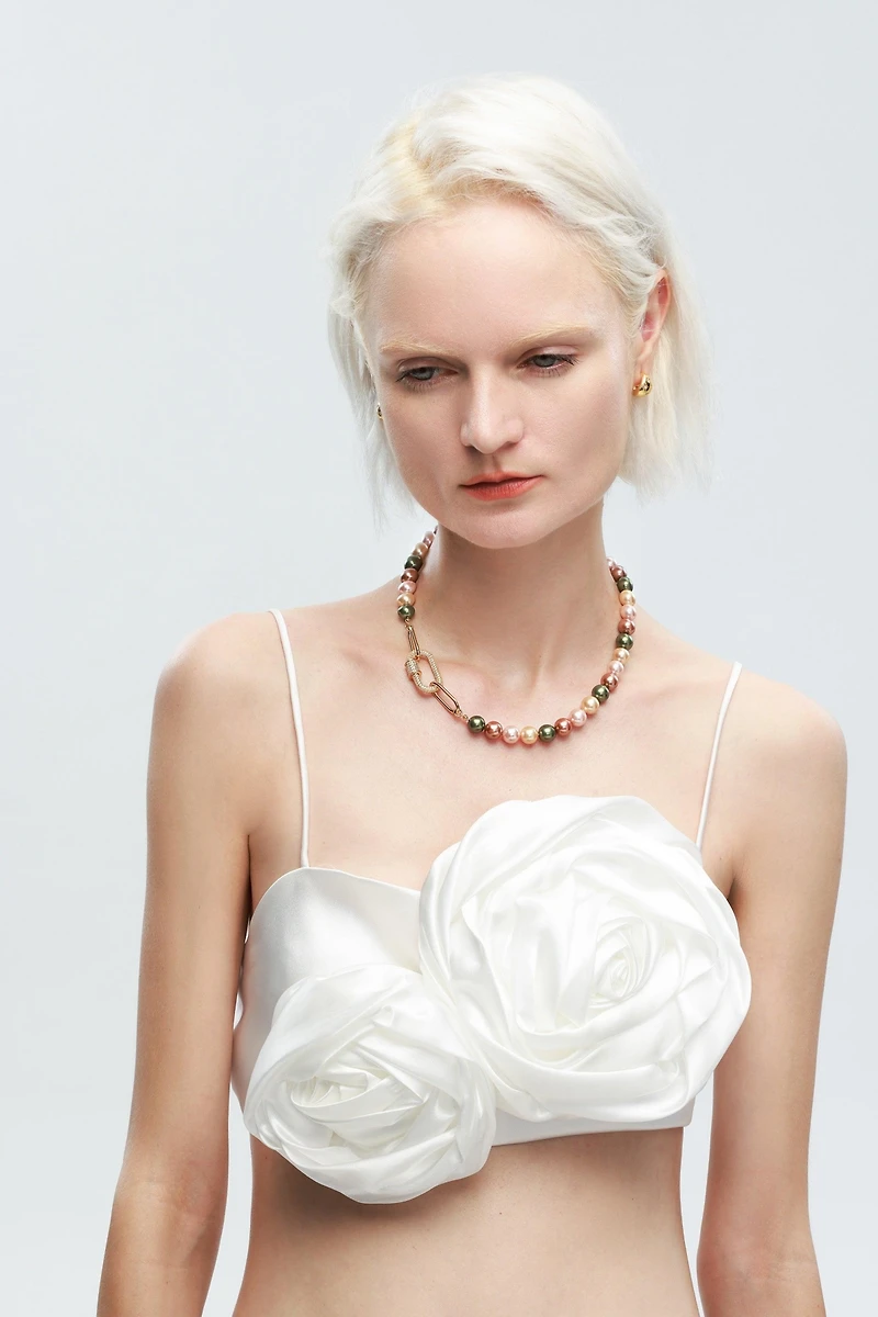 Shell Pearl Necklace with Gem-Encrusted Carabiner Lock