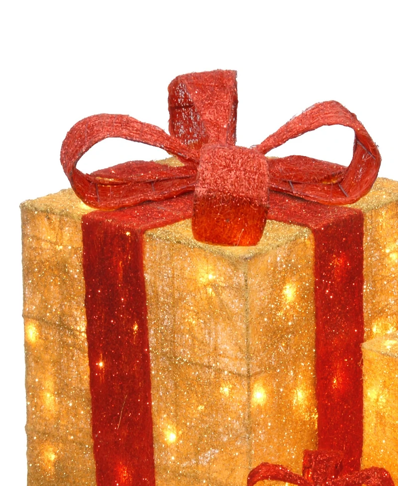 National Tree Company 6", 10" & 14" Assorted Gold Sisal Gift Boxes wwith Clear Lights