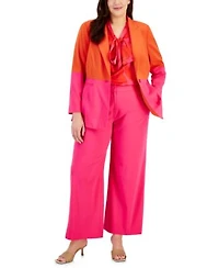 Tahari Asl Plus Size Color Blocked Boyfriend Blazer Printed Blouse Wide Leg Pants