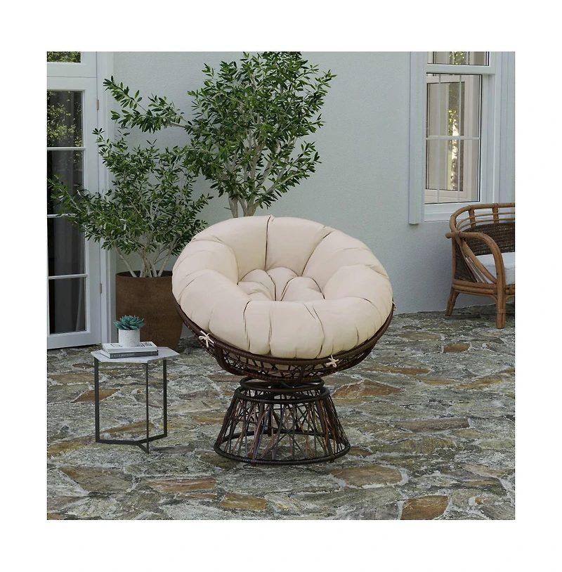 Papasan Style Woven Wicker Swivel Patio Chair With Removable All-Weather Cushion