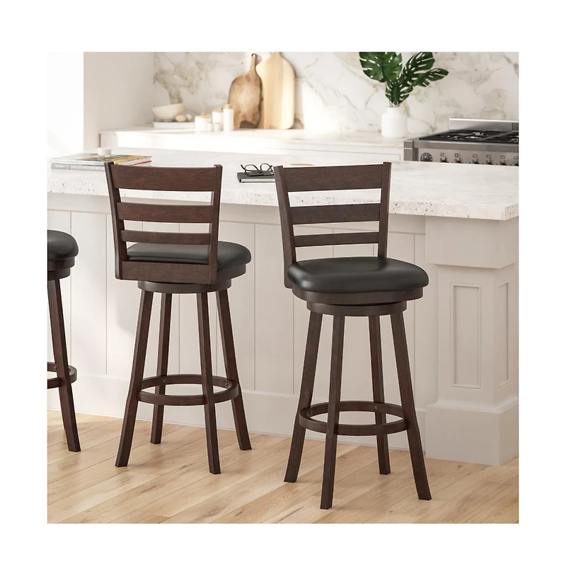 Silla 30" Classic Wooden Ladderback Swivel Bar Height Stool With Upholstered Padded Seat And Integrated Footrest