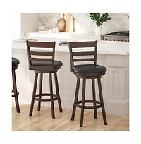 Silla 30" Classic Wooden Ladderback Swivel Bar Height Stool With Upholstered Padded Seat And Integrated Footrest