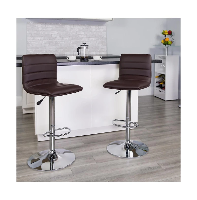 Modern Vinyl Adjustable Height Barstool With Horizontal Stitch Back, Set Of 2