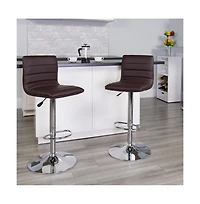 Modern Vinyl Adjustable Height Barstool With Horizontal Stitch Back, Set Of 2
