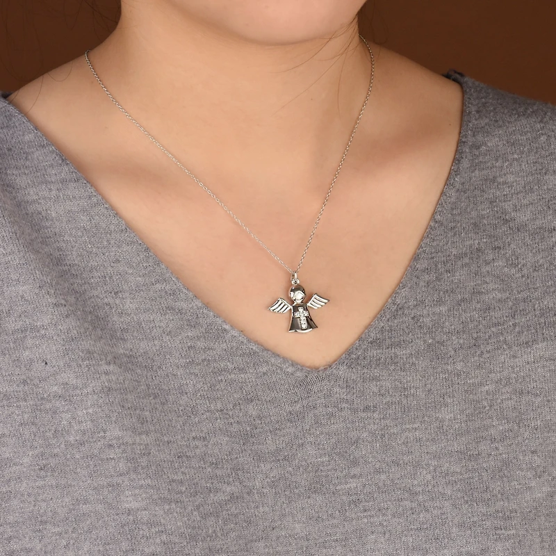 Bling Jewelry Tiny Petite Cz Accent Religious Cross Protection Guardian Angel Pendant Necklace Rose Gold Plated Sterling Silver