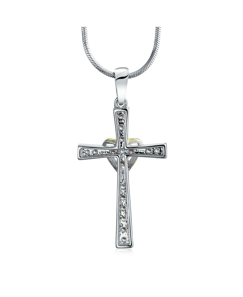 Bling Jewelry Cz Pave Accent Religious Love Of God Modern Fashion Heart Infinity Cross Pendant Necklace Two Tone Rhodium Plated Brass