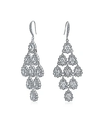 Bridal Statement Waterfall Multi Teardrop Marquise Big Dangle Chandelier Earrings For Women Prom Rhodium Plated Brass