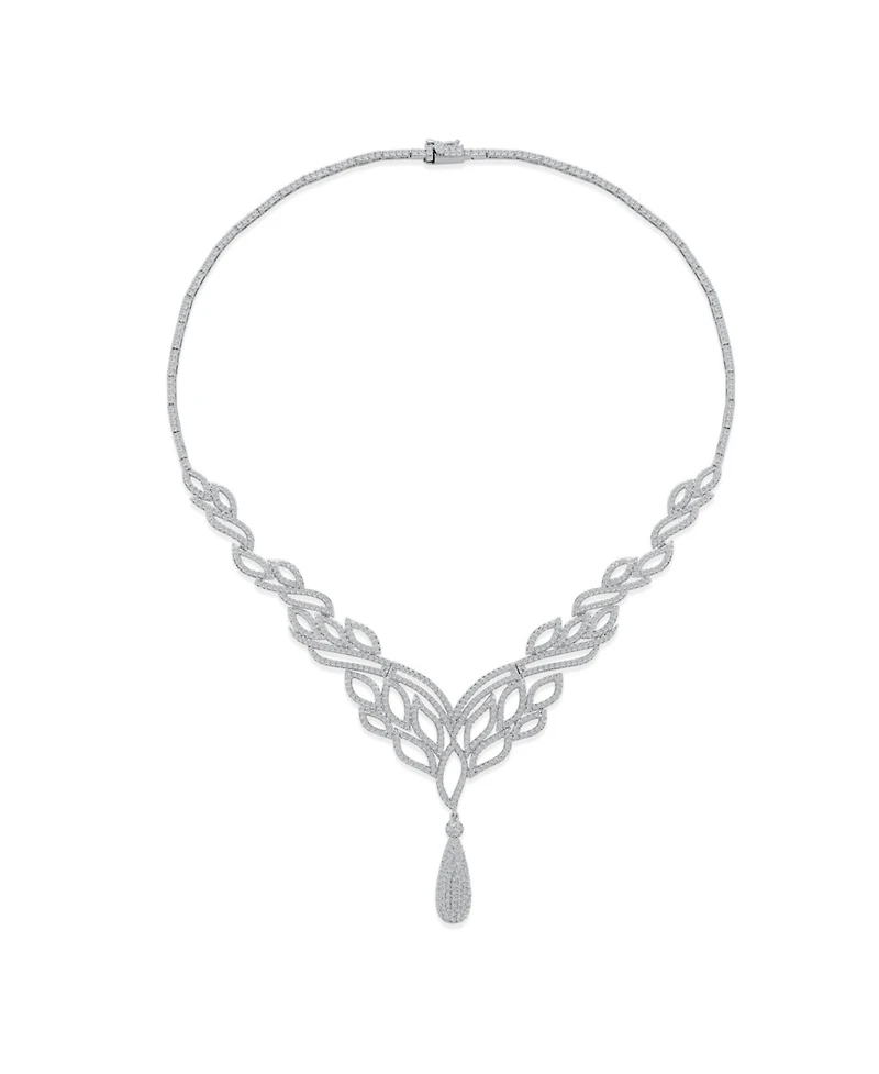Bling Jewelry Art Deco-Inspired Leaf Statement Collar Necklace With Cleavage Dangling Teardrop Micro Pave Cubic Zirconia Cz