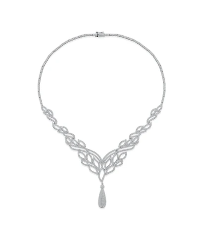 Bling Jewelry Art Deco-Inspired Leaf Statement Collar Necklace With Cleavage Dangling Teardrop Micro Pave Cubic Zirconia Cz