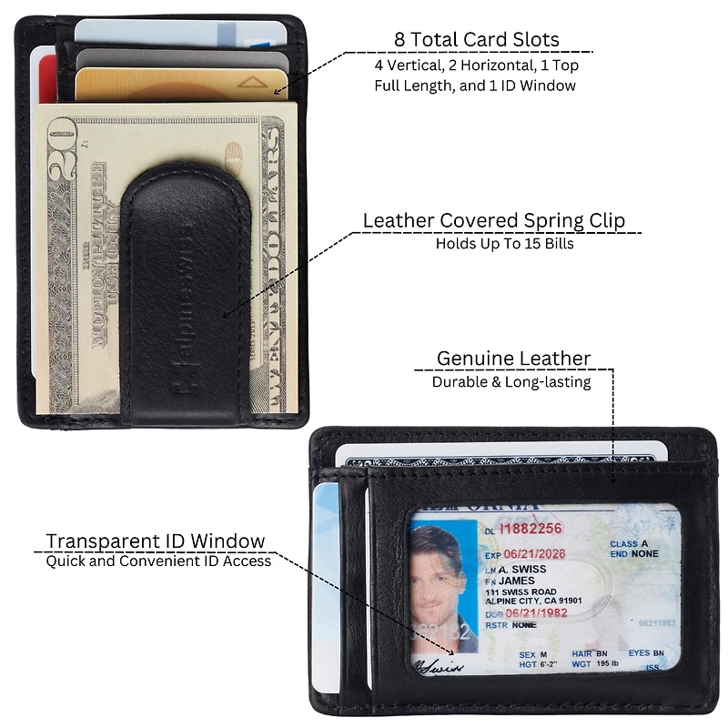 Alpine Swiss Mens Rfid Money Clip Leather Minimalist Wallet Card Case Id Window