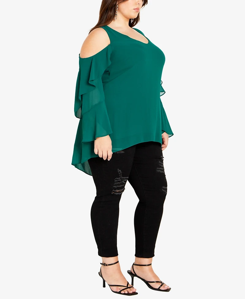 City Chic Plus Hi Lo Cold Shoulder Long Sleeve Top