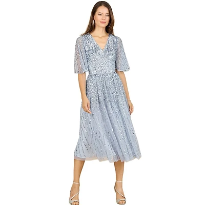Women's Flowing, Sequin Midi Dress with Short Sleeves