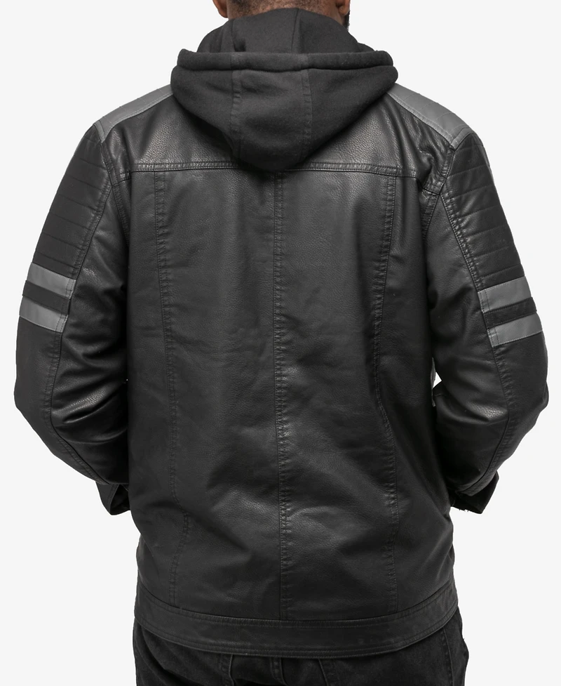 X-Ray Men's Grainy Polyurethane Leather Hooded Jacket with Faux Shearling Lining