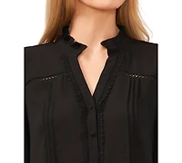 CeCe Women's Lace Trimmed Pintuck 3/4-Sleeve Button Front Blouse