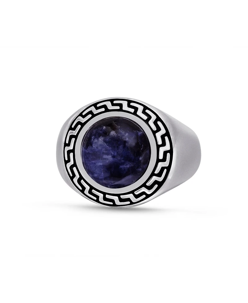 LuvMyJewelry Dark Blue Sodalite Gemstone Sterling Silver Signet Men Ring Black Rhodium