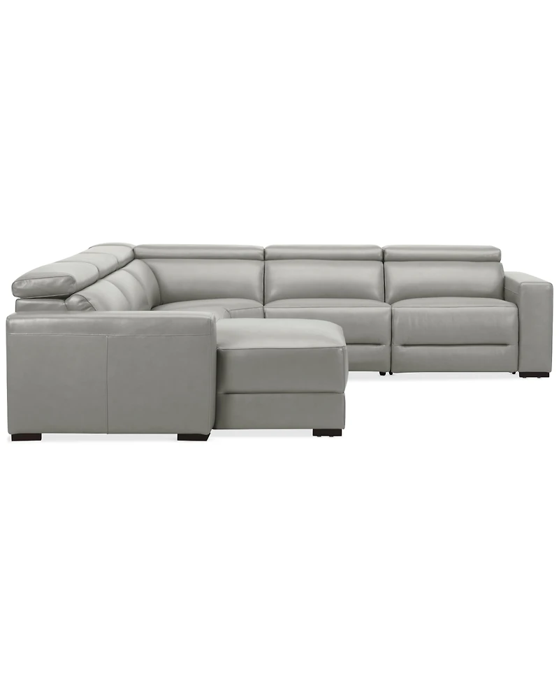 Nevio 124" 5-Pc. Leather Sectional with 1 Power Recliner, Headrests and Chaise, Created For Macy's