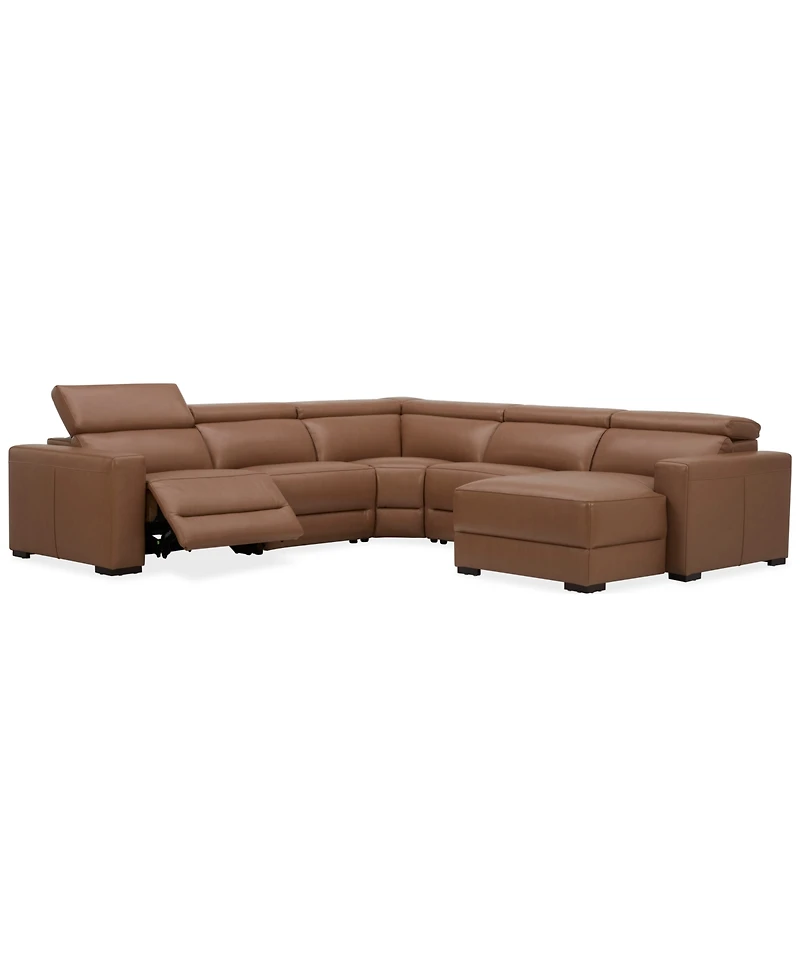 Nevio 124" 5-Pc. Leather Sectional with 1 Power Recliner, Headrests and Chaise, Created For Macy's
