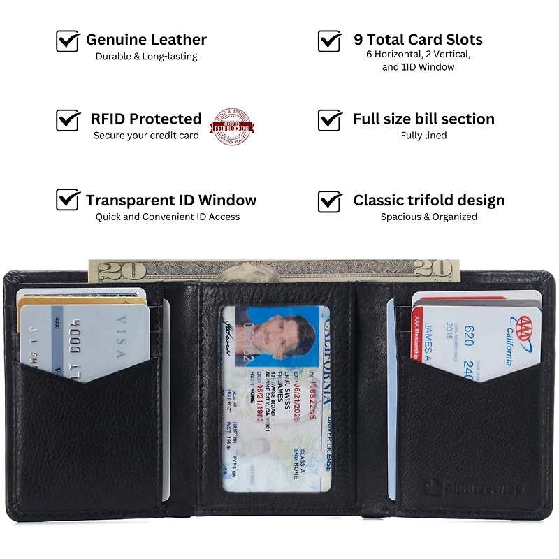 Alpine Swiss Mens Leon Trifold Wallet Rfid Safe Bifold Genuine Leather Id Window