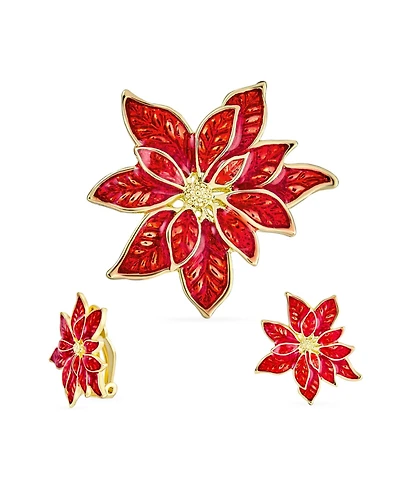 Bling Jewelry Large Statement Poinsettia Brooch Clip-On Earrings Christmas Set Gold Plated