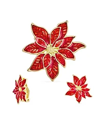 Bling Jewelry Large Statement Poinsettia Brooch Clip-On Earrings Christmas Set Gold Plated