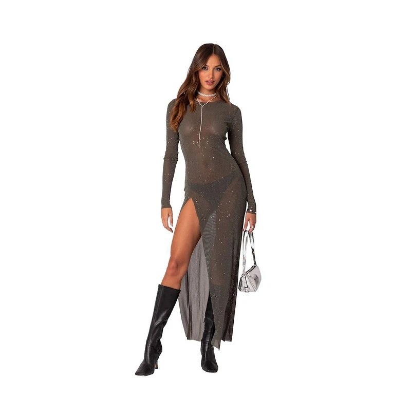 Women's Shiny Mesh Maxi Slit Dress