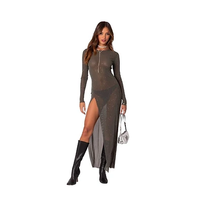 Women's Shiny Mesh Maxi Slit Dress