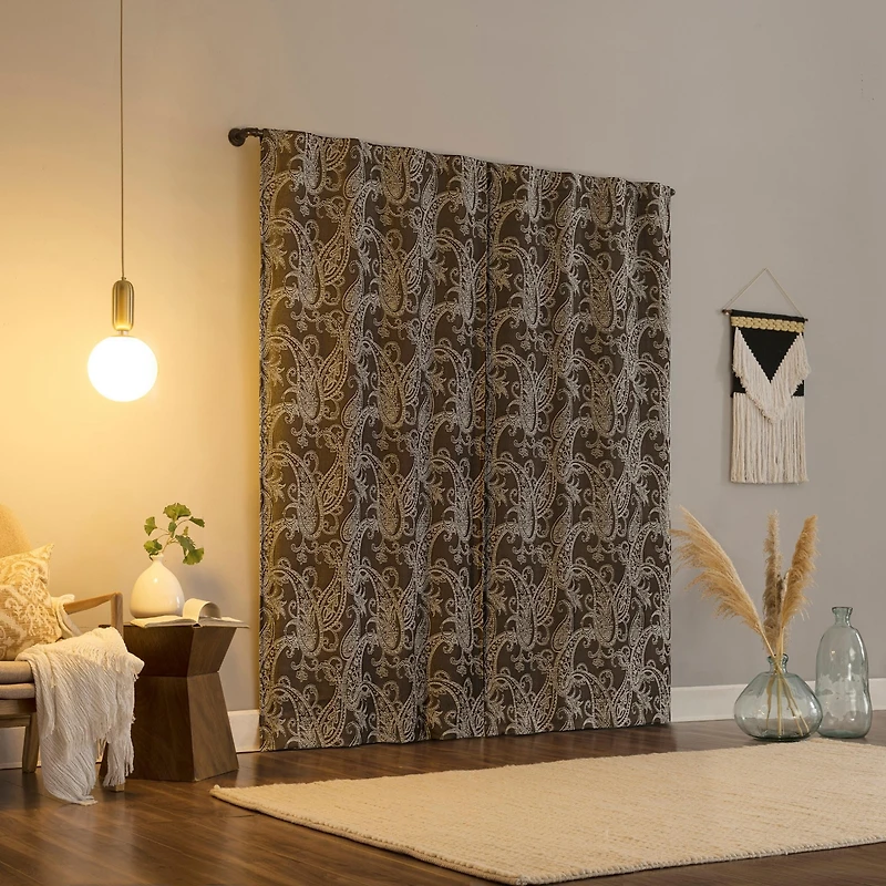 Pedra Paisley Embroidery 100% Blackout Back Tab Curtain Panel
