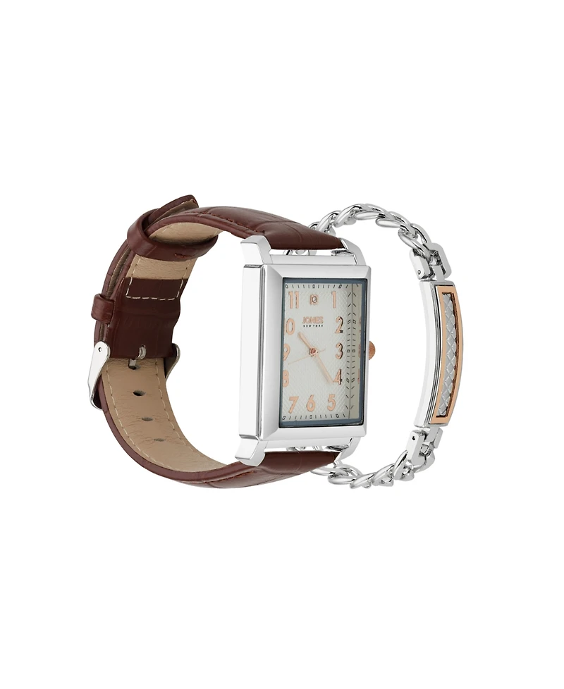 Jones New York Men's Analog Brown Croc Leather Strap Watch 33mm Bracelet Gift Set