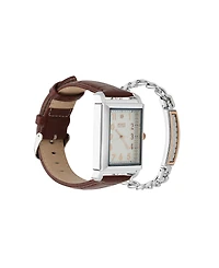 Jones New York Men's Analog Brown Croc Leather Strap Watch 33mm Bracelet Gift Set