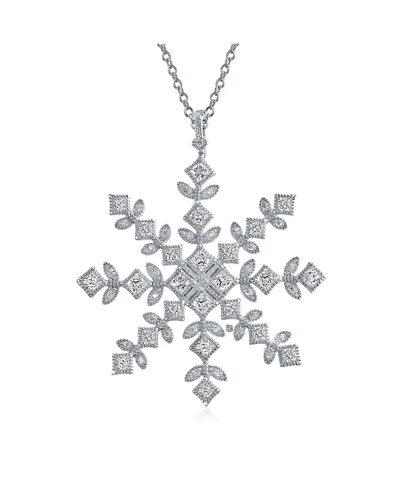 Bling Jewelry Cubic Zirconia Cz Holiday Party Winter Christmas Large Snowflake Pendant Necklace For Women Sterling Silver