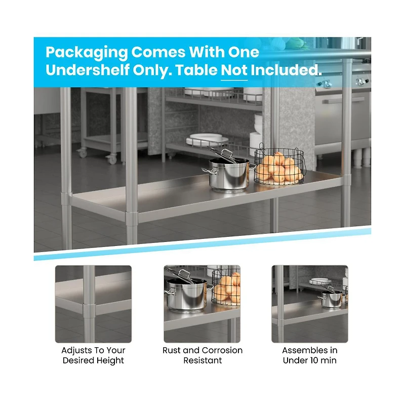 Under Shelf For Kitchen Prep And Work Tables - Adjustable Galvanized Lower Shelf For Stainless Steel Tables